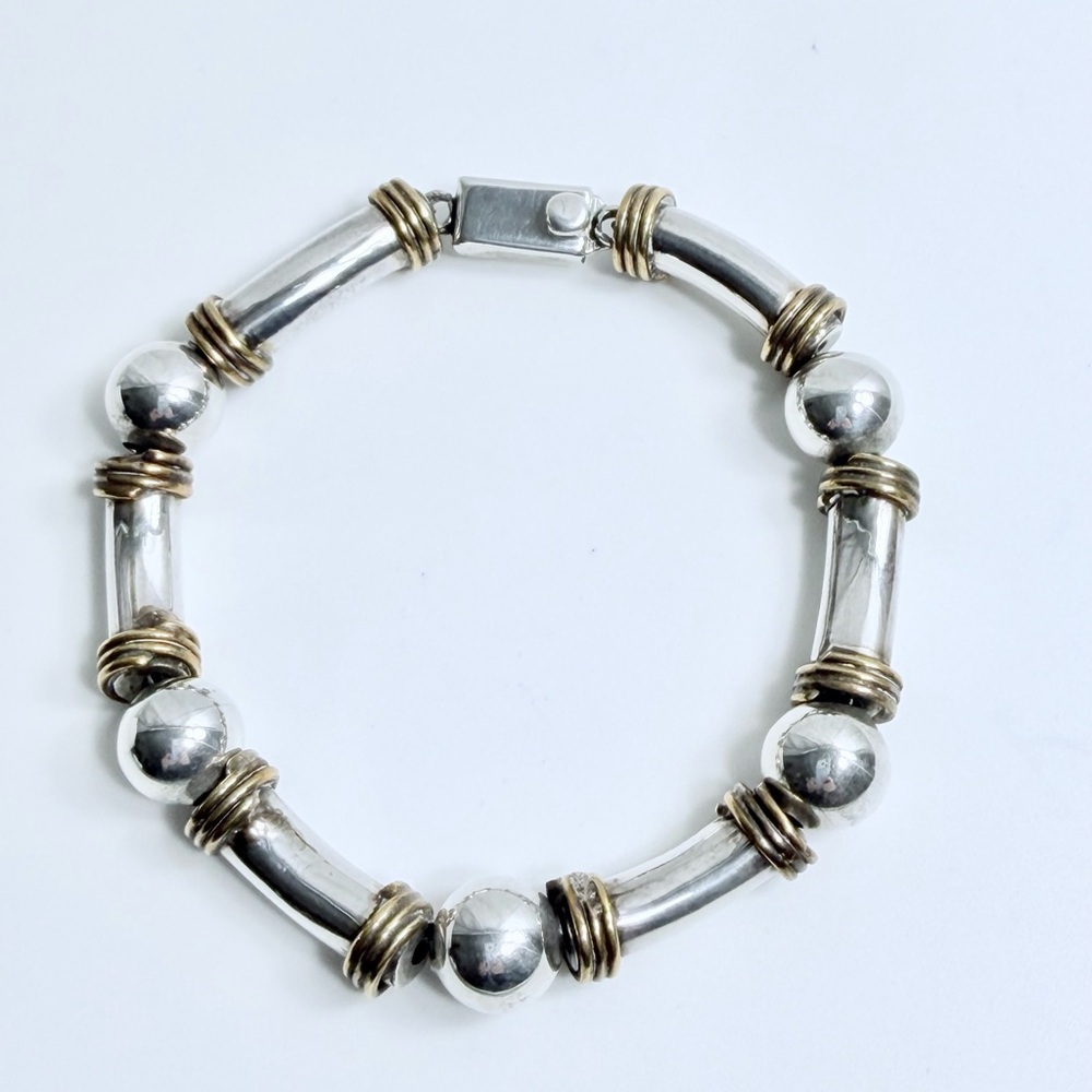 Vintage Unique Heavy Sterling Silver Ball & Tube w/Brass Wrapped Trim Bracelet - Picture 12 of 16